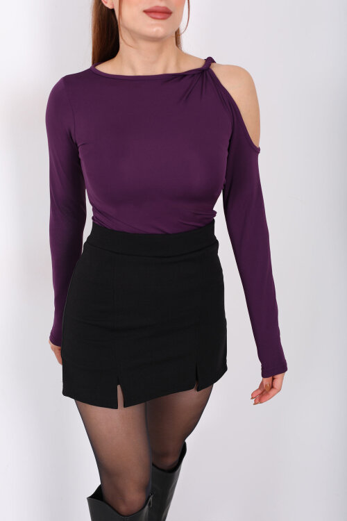 Omuz Burgulu Uzun Kol Mor Kadın Sandy Bluz - Berox (1)