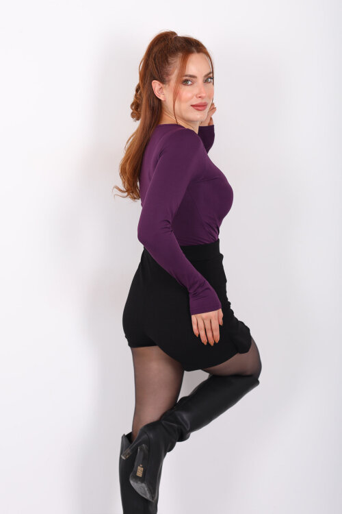 Omuz Burgulu Uzun Kol Mor Kadın Sandy Bluz - 5