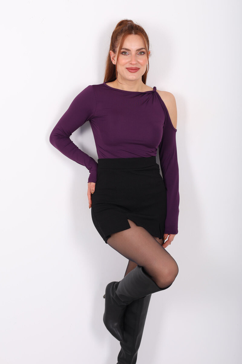 Omuz Burgulu Uzun Kol Mor Kadın Sandy Bluz - 1