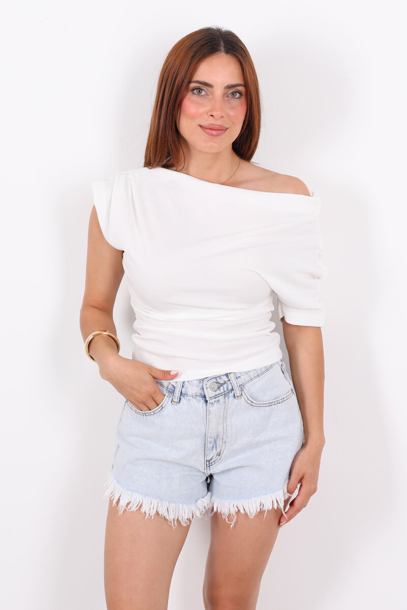 Omuz Büzgülü Kayık Yaka Ekru Kadın Bluz - 4