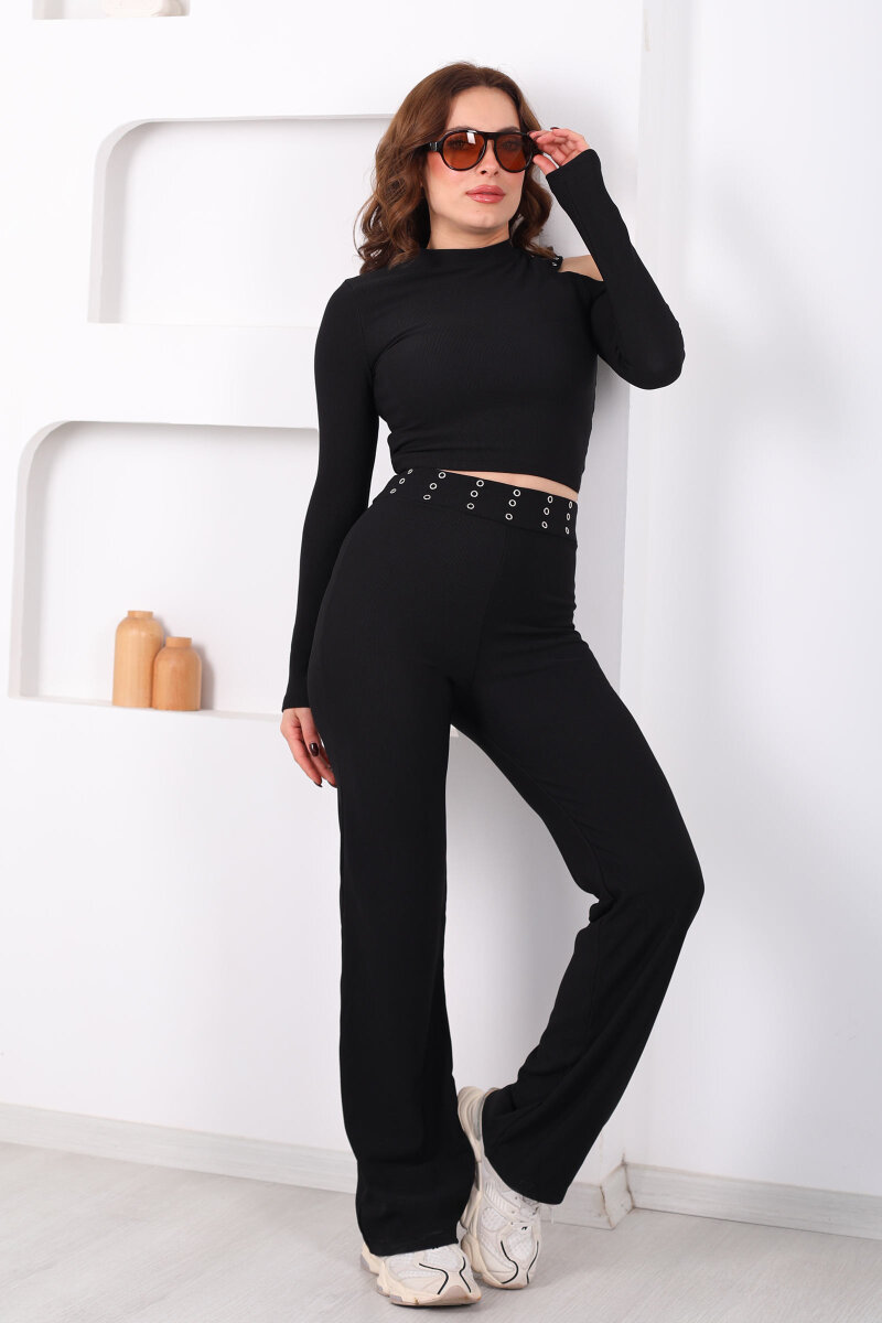 Omuz Dekolteli Zımba Detaylı Siyah Kadın Pantolon-Crop Takım - 4