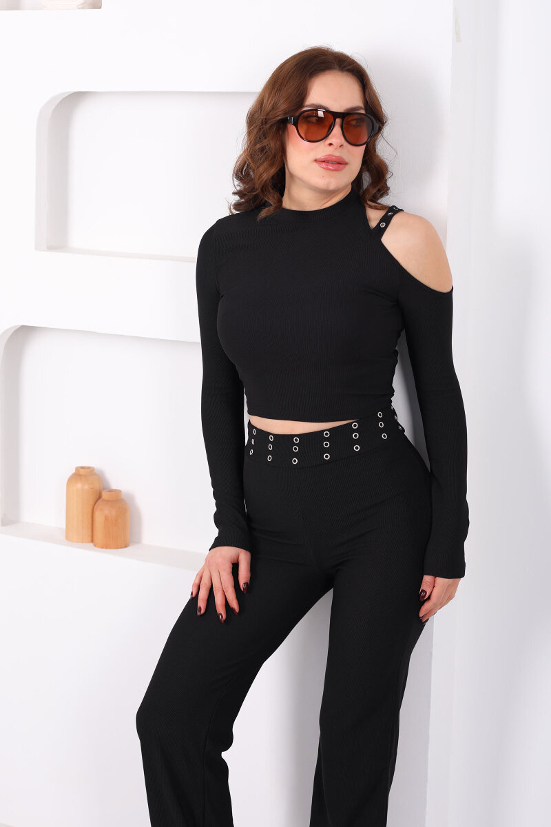 Omuz Dekolteli Zımba Detaylı Siyah Kadın Pantolon-Crop Takım - 6
