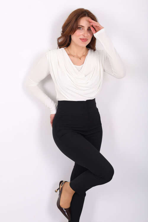 Omuz Pileli Degaje Yaka Kadın Beyaz Sandy Bluz - 3