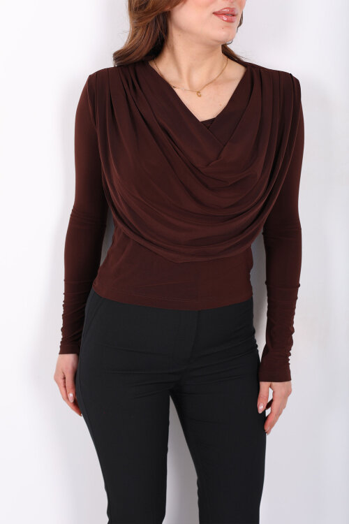 Omuz Pileli Degaje Yaka Kadın Kahverengi Sandy Bluz - Berox (1)