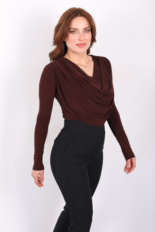 Omuz Pileli Degaje Yaka Kadın Kahverengi Sandy Bluz - 3