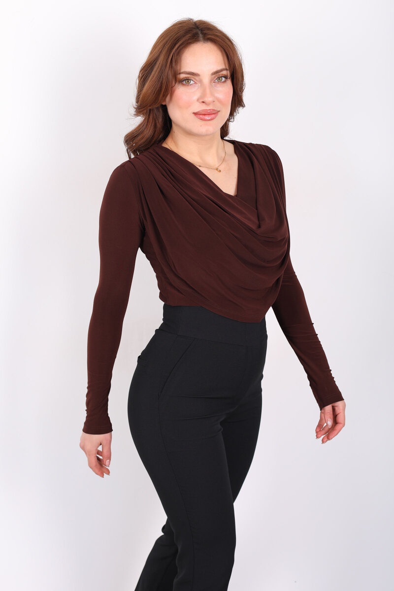 Omuz Pileli Degaje Yaka Kadın Kahverengi Sandy Bluz - 3