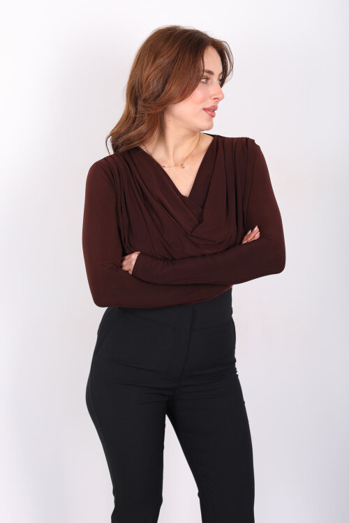 Omuz Pileli Degaje Yaka Kadın Kahverengi Sandy Bluz - 6