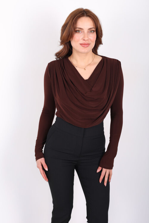 Omuz Pileli Degaje Yaka Kadın Kahverengi Sandy Bluz - 4