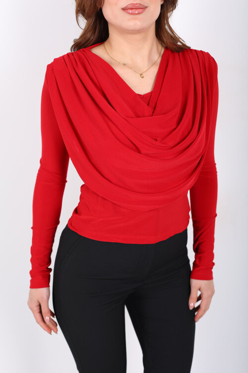 Omuz Pileli Degaje Yaka Kadın Kırmızı Sandy Bluz - 2