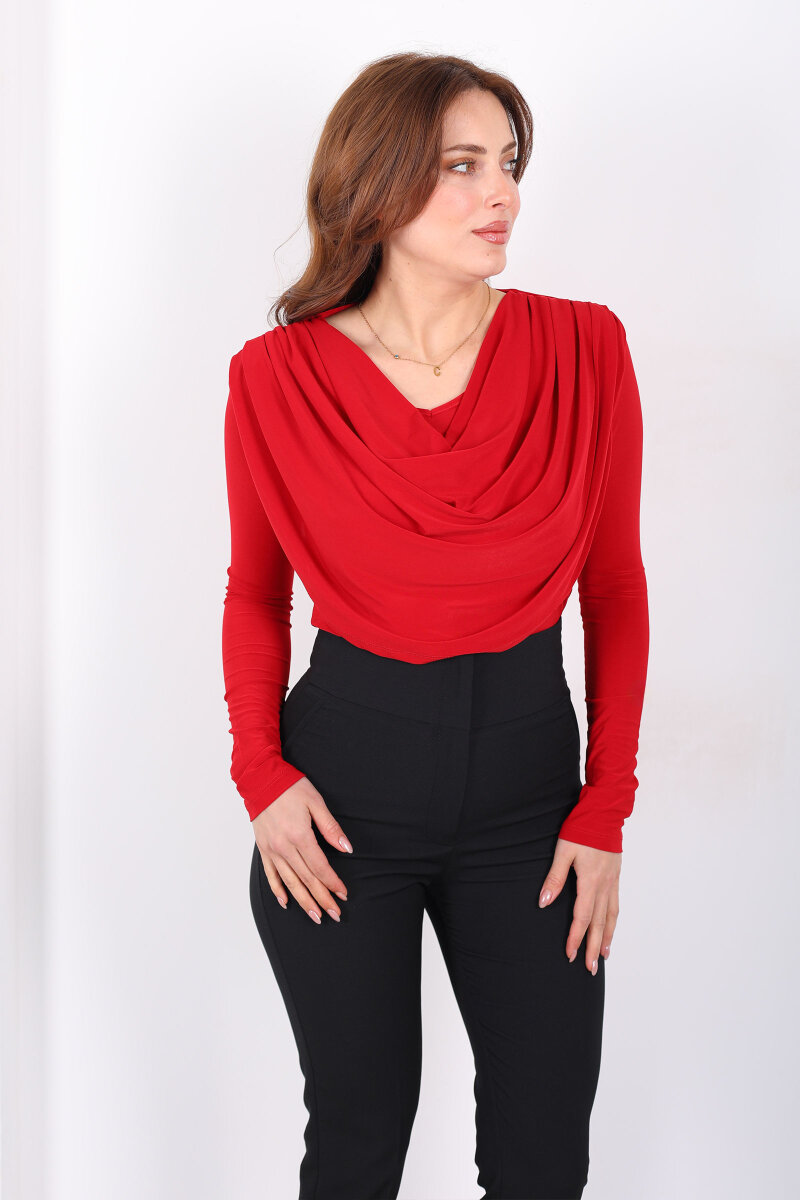Omuz Pileli Degaje Yaka Kadın Kırmızı Sandy Bluz - 3