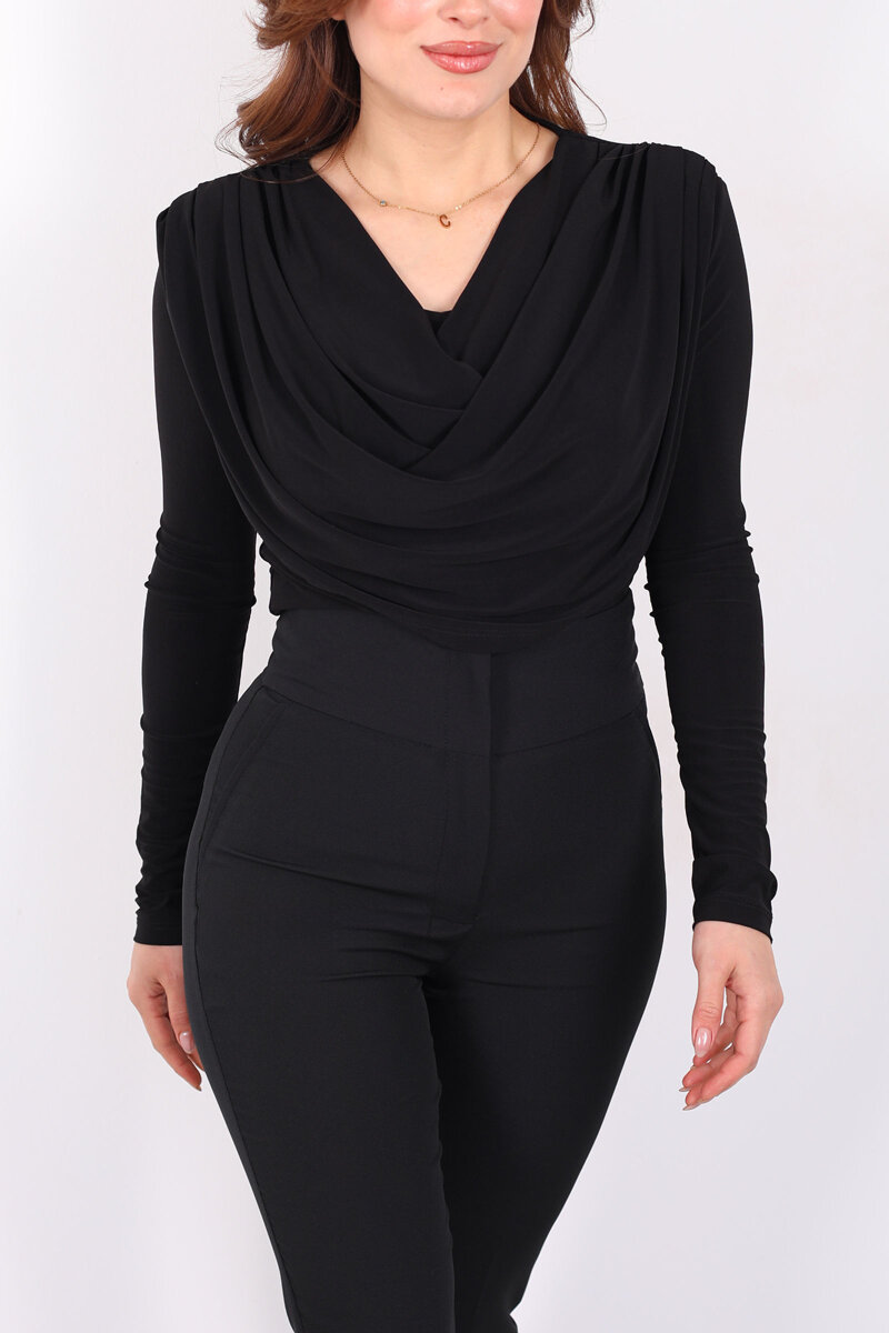 Omuz Pileli Degaje Yaka Kadın Siyah Sandy Bluz - 2
