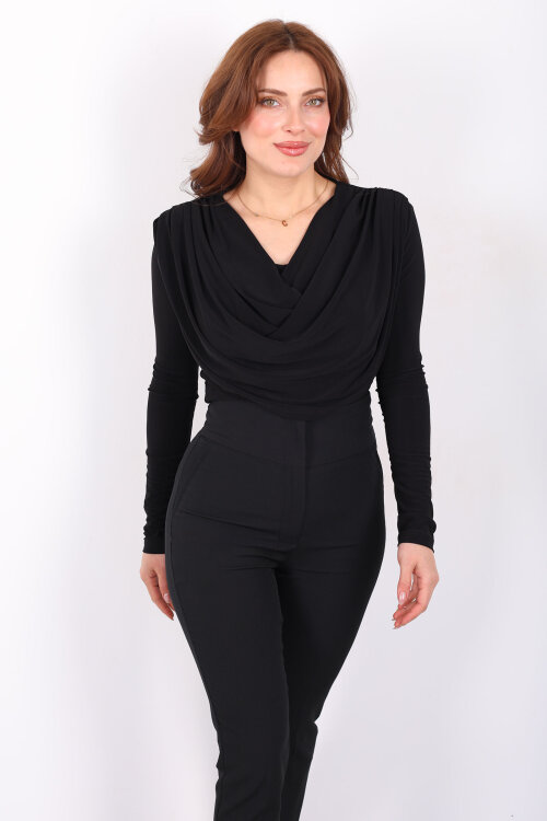 Omuz Pileli Degaje Yaka Kadın Siyah Sandy Bluz - 6