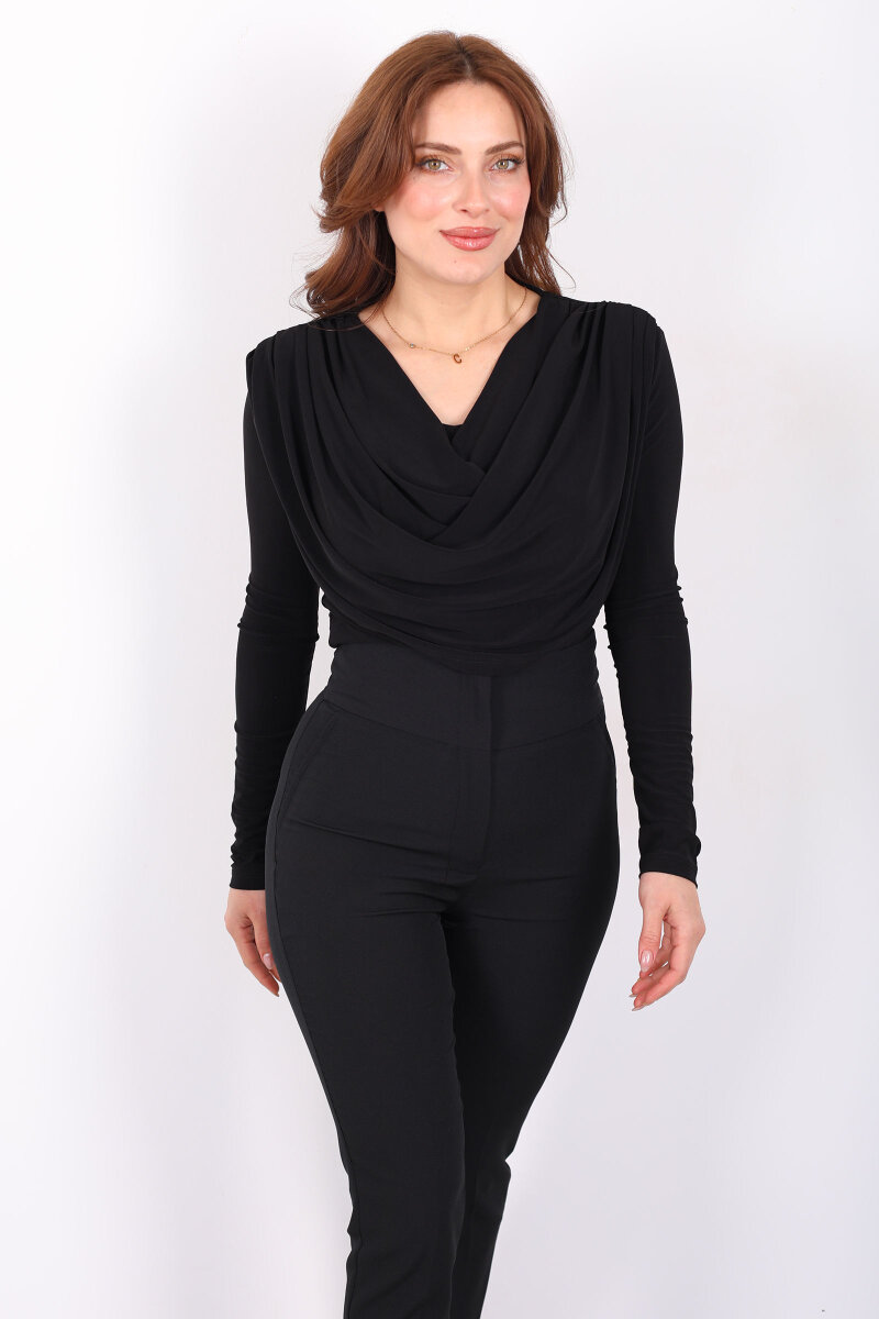 Omuz Pileli Degaje Yaka Kadın Siyah Sandy Bluz - 6