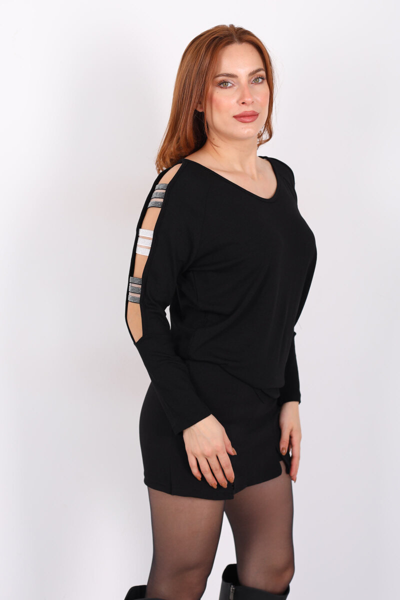 Omuz Taşlı Bantlı Siyah Kadın Bluz - 1