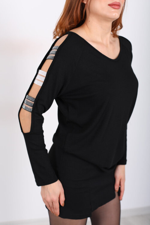 Omuz Taşlı Bantlı Siyah Kadın Bluz - Berox (1)