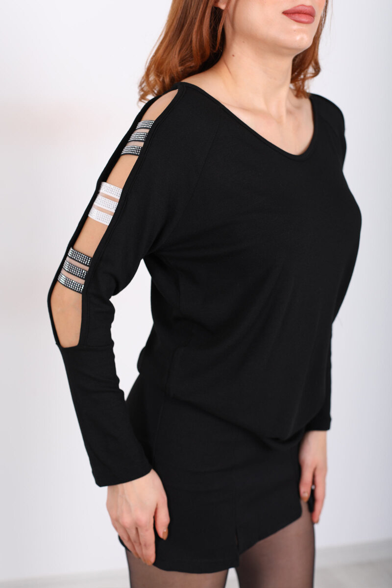 Omuz Taşlı Bantlı Siyah Kadın Bluz - 2