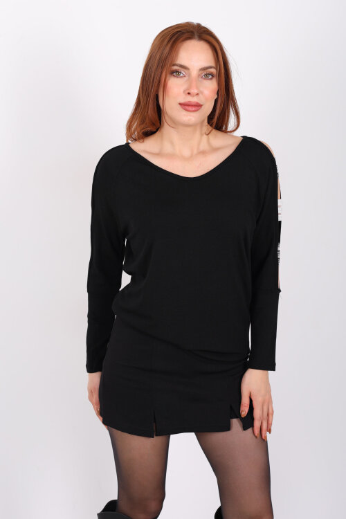 Omuz Taşlı Bantlı Siyah Kadın Bluz - 7