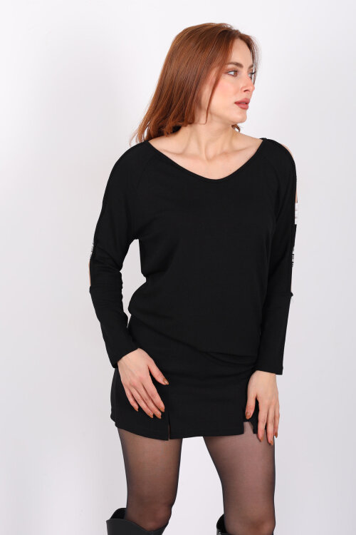 Omuz Taşlı Bantlı Siyah Kadın Bluz - 4