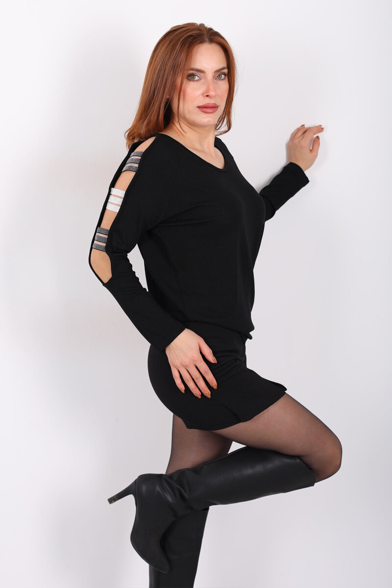 Omuz Taşlı Bantlı Siyah Kadın Bluz - 6