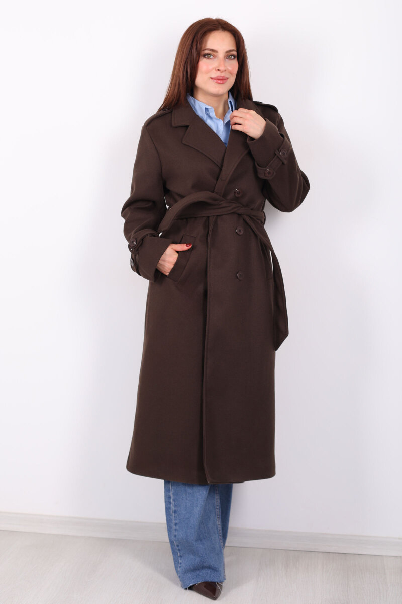 Omuz Ve Kol Apoletli Astarlı Kadın Kahverengi Çizgili Kaban - 4