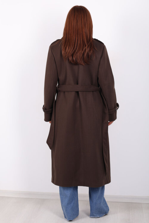 Omuz Ve Kol Apoletli Astarlı Kadın Kahverengi Çizgili Kaban - 6