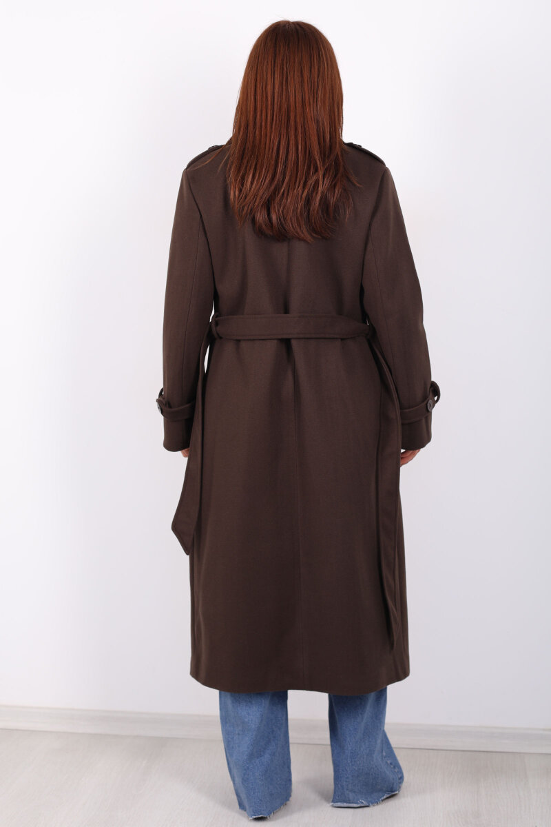 Omuz Ve Kol Apoletli Astarlı Kadın Kahverengi Çizgili Kaban - 6