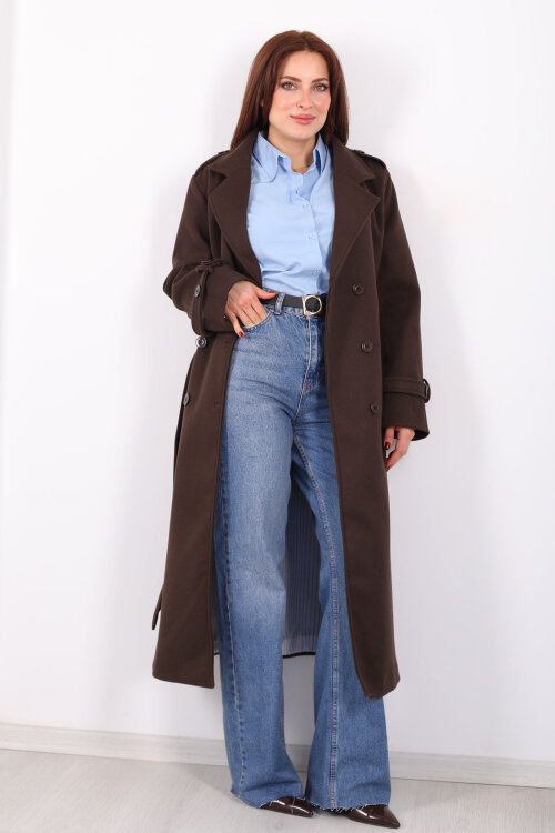 Omuz Ve Kol Apoletli Astarlı Kadın Kahverengi Çizgili Kaban - 3