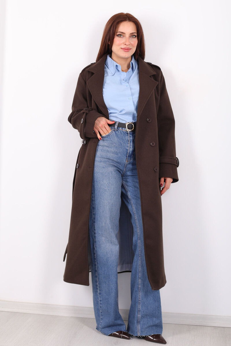 Omuz Ve Kol Apoletli Astarlı Kadın Kahverengi Çizgili Kaban - 3