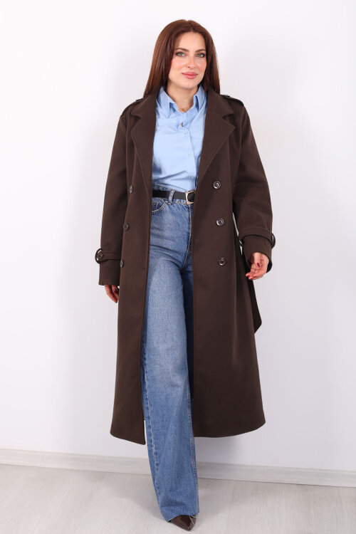 Omuz Ve Kol Apoletli Astarlı Kadın Kahverengi Çizgili Kaban - 7