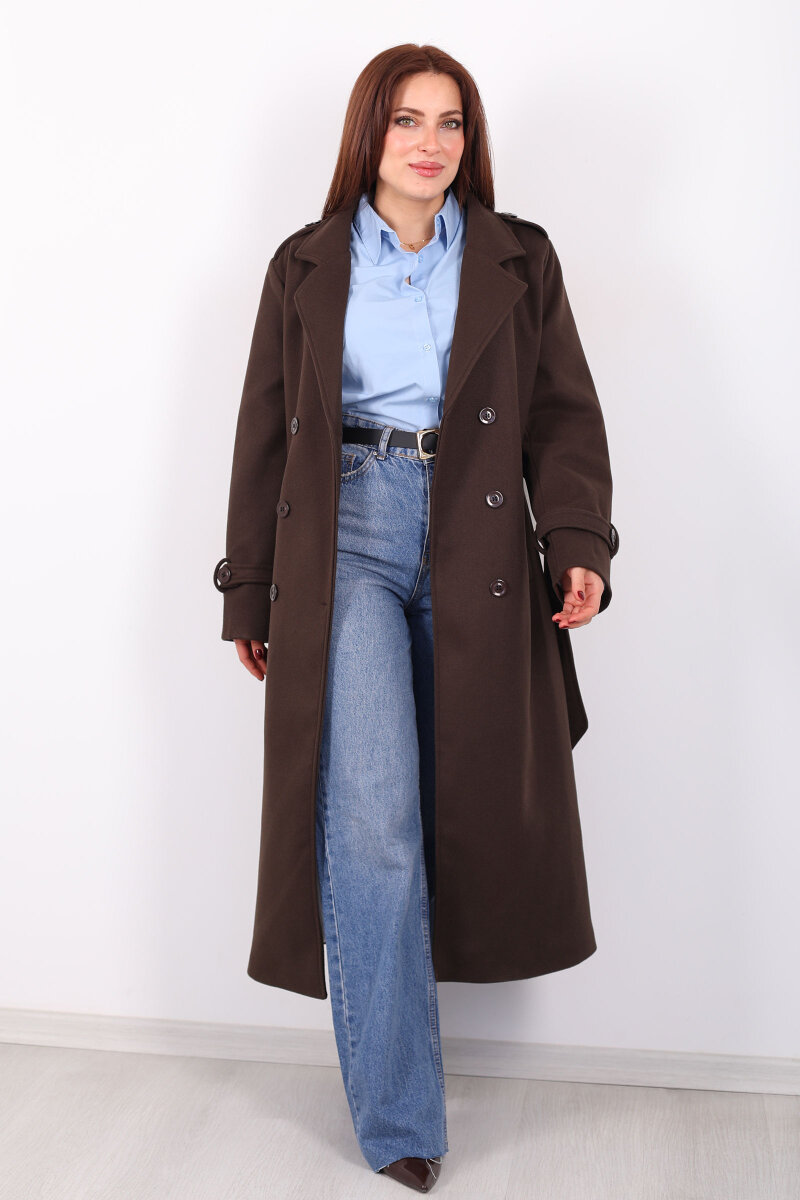 Omuz Ve Kol Apoletli Astarlı Kadın Kahverengi Çizgili Kaban - 7