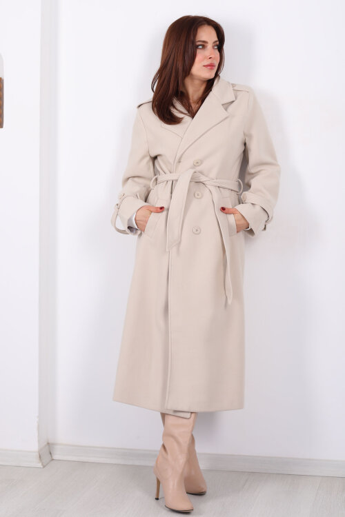 Omuz Ve Kol Apoletli Astarlı Kadın Krem Çizgili Kaban - 3