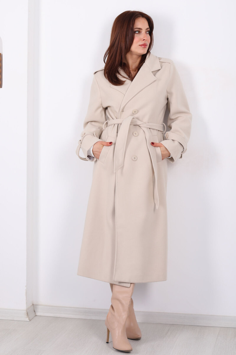 Omuz Ve Kol Apoletli Astarlı Kadın Krem Çizgili Kaban - 3