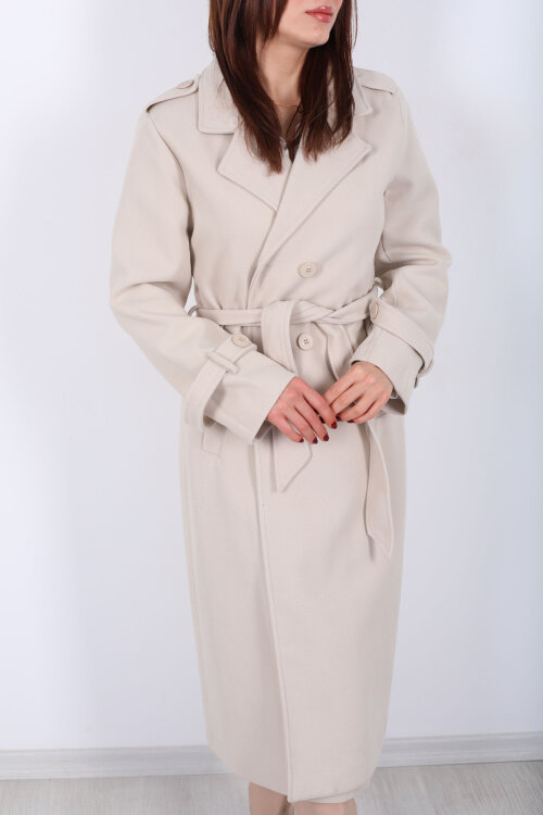 Omuz Ve Kol Apoletli Astarlı Kadın Krem Çizgili Kaban - Berox (1)