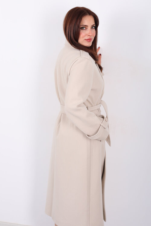 Omuz Ve Kol Apoletli Astarlı Kadın Krem Çizgili Kaban - 6