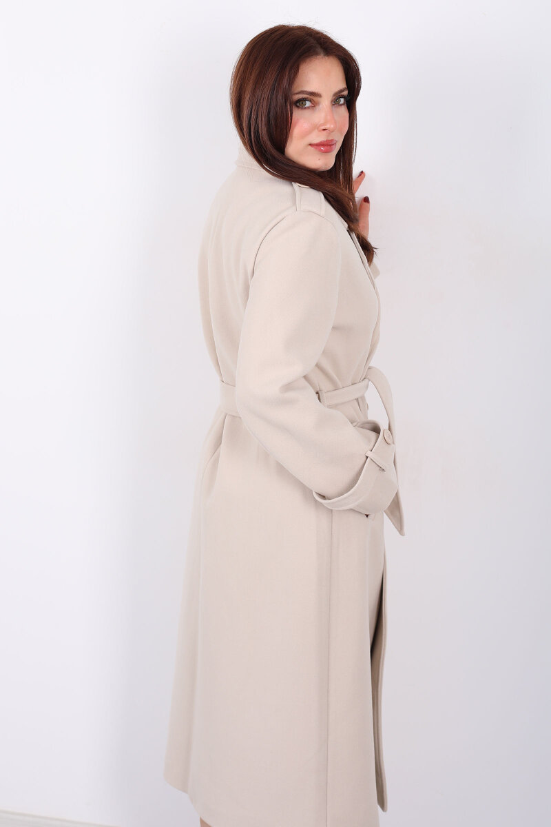 Omuz Ve Kol Apoletli Astarlı Kadın Krem Çizgili Kaban - 6