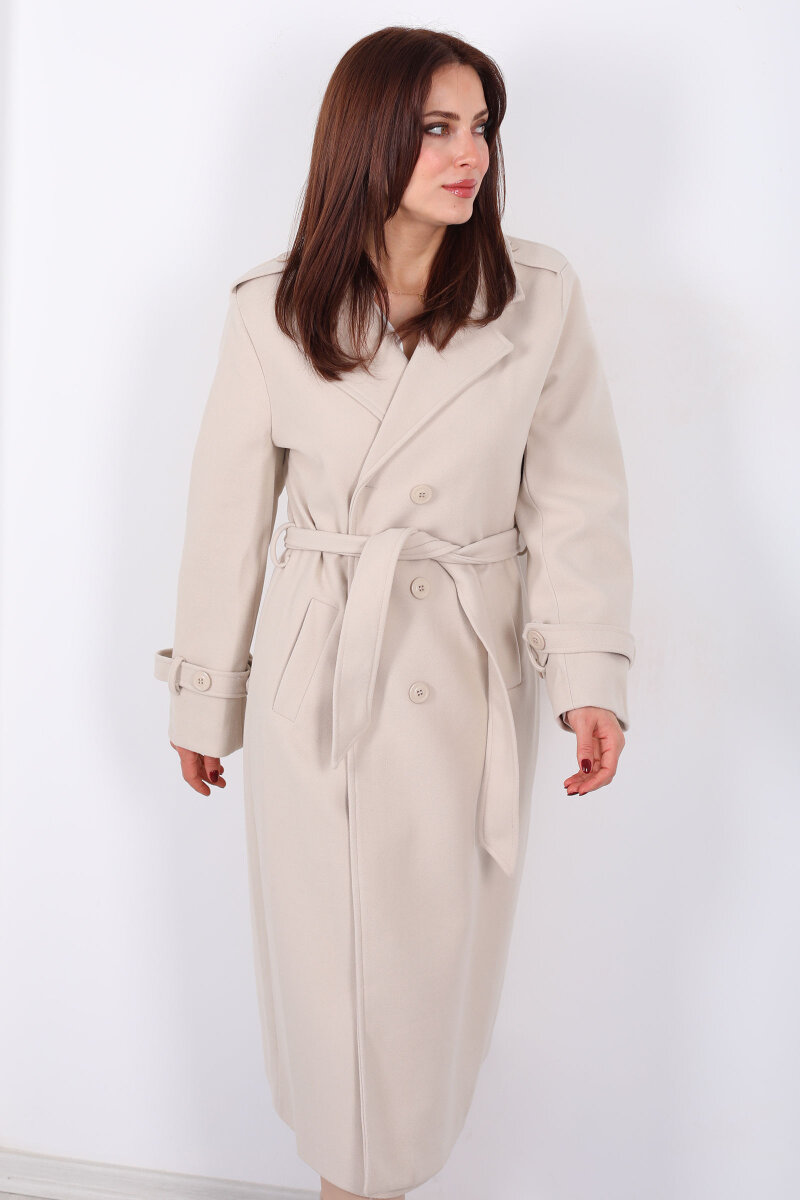 Omuz Ve Kol Apoletli Astarlı Kadın Krem Çizgili Kaban - 5