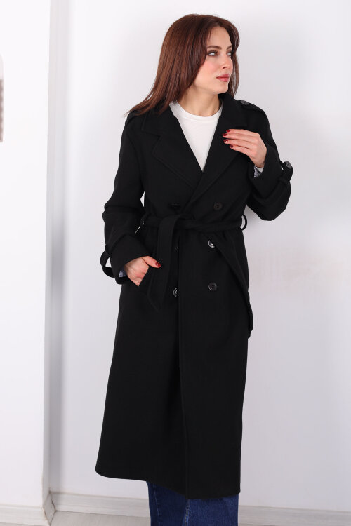 Omuz Ve Kol Apoletli Astarlı Kadın Siyah Çizgili Kaban - 3