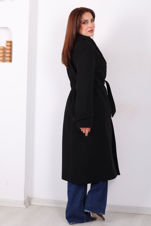 Omuz Ve Kol Apoletli Astarlı Kadın Siyah Çizgili Kaban - 6