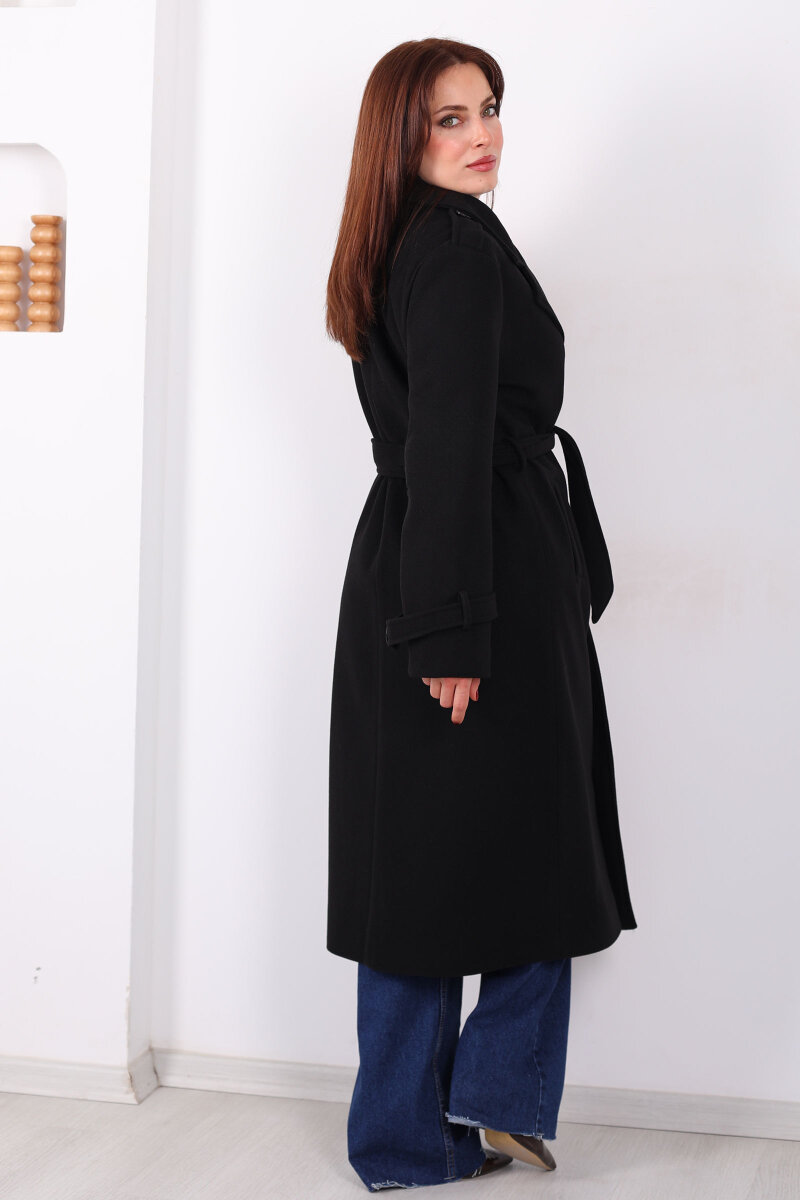 Omuz Ve Kol Apoletli Astarlı Kadın Siyah Çizgili Kaban - 6