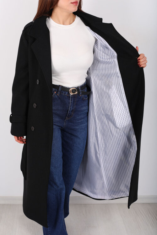 Omuz Ve Kol Apoletli Astarlı Kadın Siyah Çizgili Kaban - 2