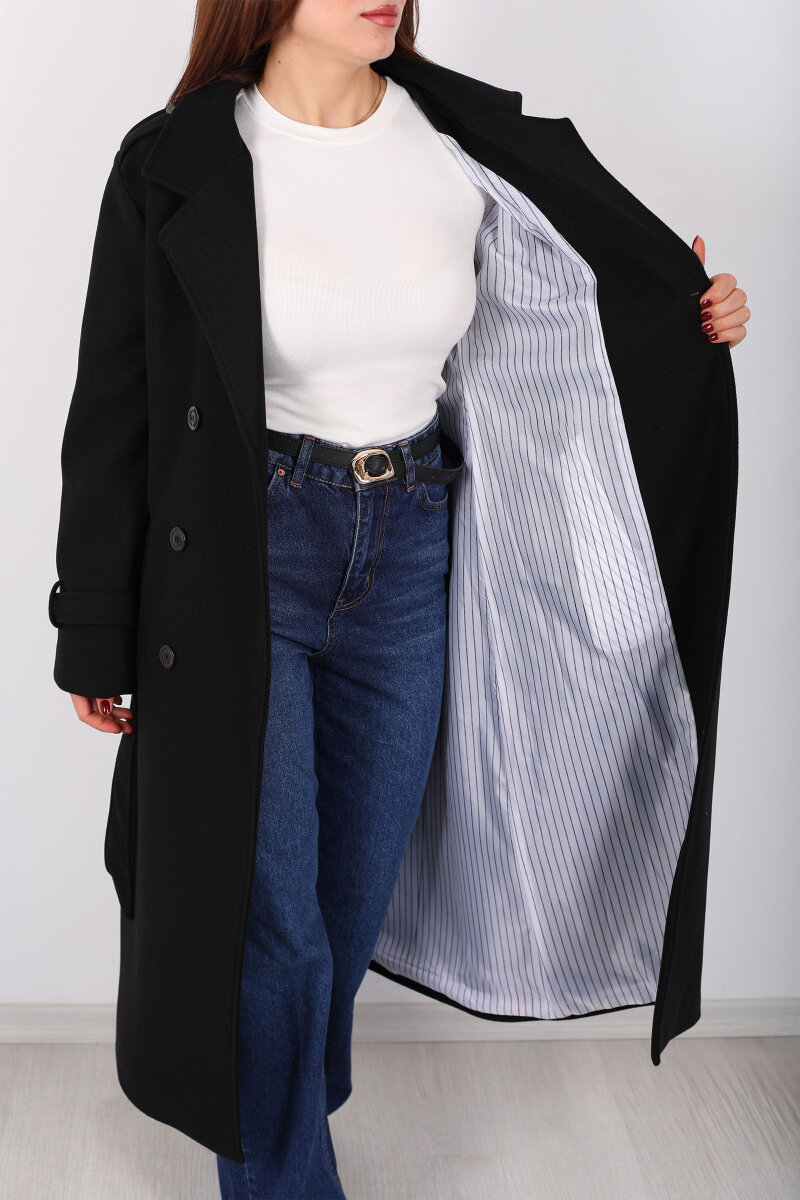 Omuz Ve Kol Apoletli Astarlı Kadın Siyah Çizgili Kaban - 2