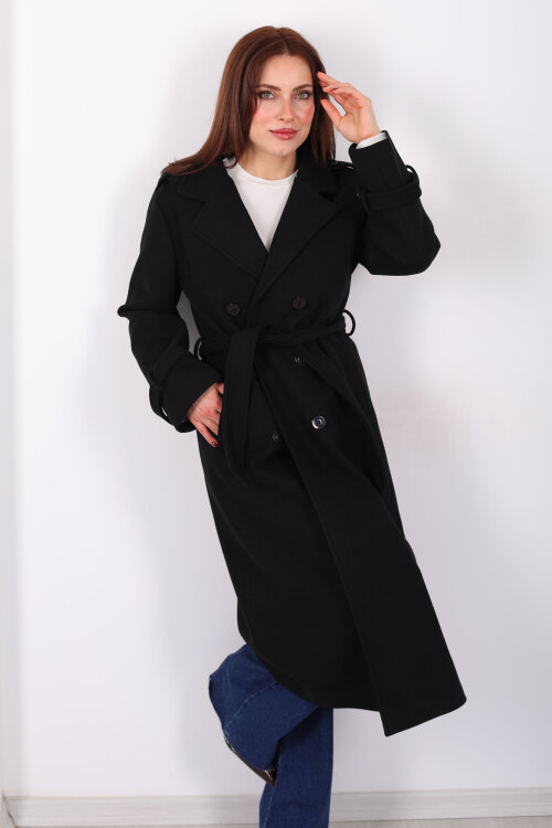 Omuz Ve Kol Apoletli Astarlı Kadın Siyah Çizgili Kaban - 7