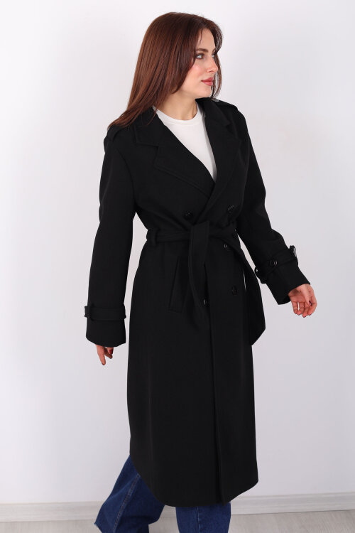 Omuz Ve Kol Apoletli Astarlı Kadın Siyah Çizgili Kaban - 5