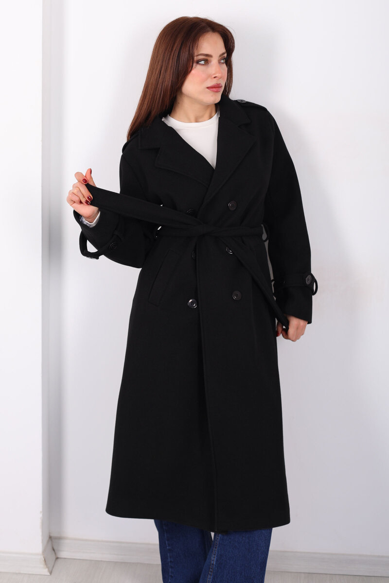 Omuz Ve Kol Apoletli Astarlı Kadın Siyah Çizgili Kaban - 1