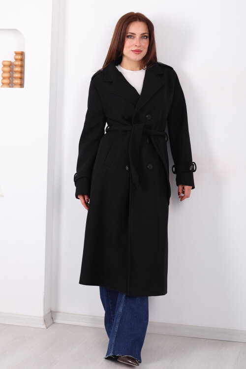 Omuz Ve Kol Apoletli Astarlı Kadın Siyah Çizgili Kaban - 4