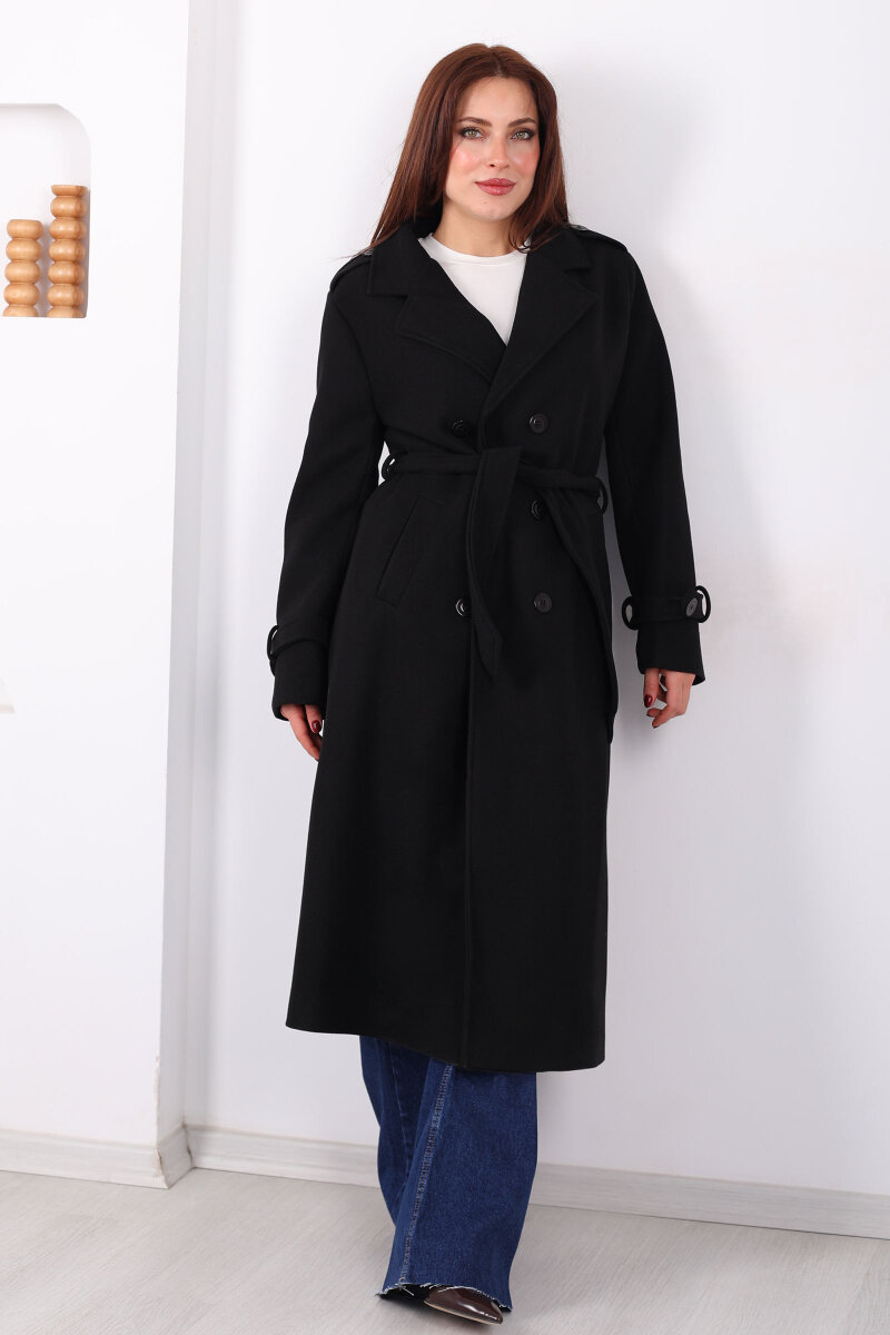 Omuz Ve Kol Apoletli Astarlı Kadın Siyah Çizgili Kaban - 4