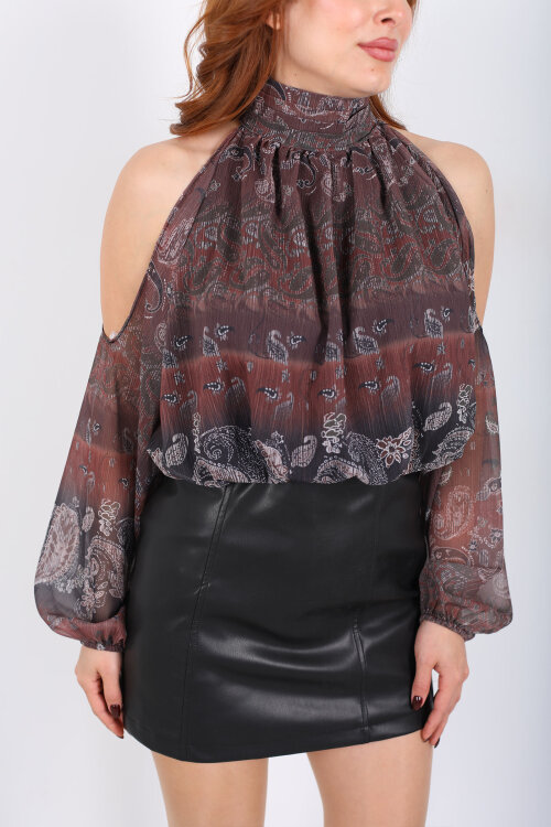 Omuzları Açık Desenli Acı Kahve Kadın Şifon Bluz - Berox (1)