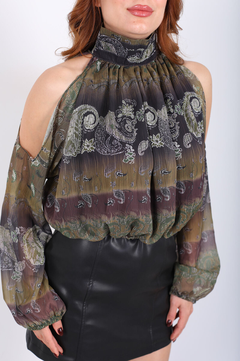 Omuzları Açık Desenli Haki Kadın Şifon Bluz - 2