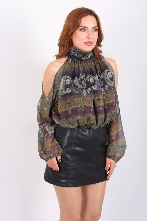 Omuzları Açık Desenli Haki Kadın Şifon Bluz - 7