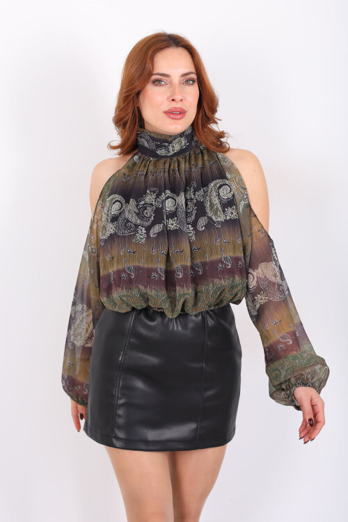 Omuzları Açık Desenli Haki Kadın Şifon Bluz - 5